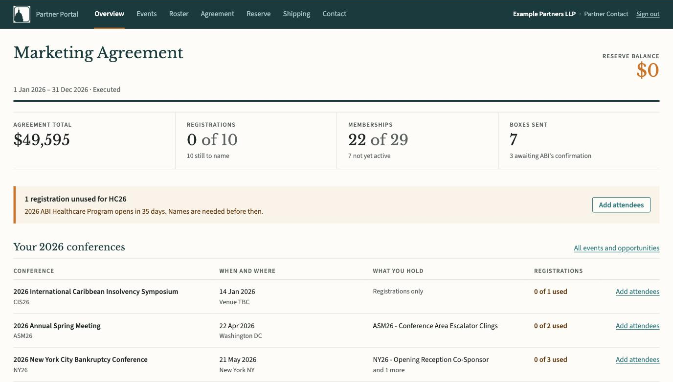 A partner firm's overview page: the agreement's headline figures, a deadline band and the next three conferences with seats to fill.